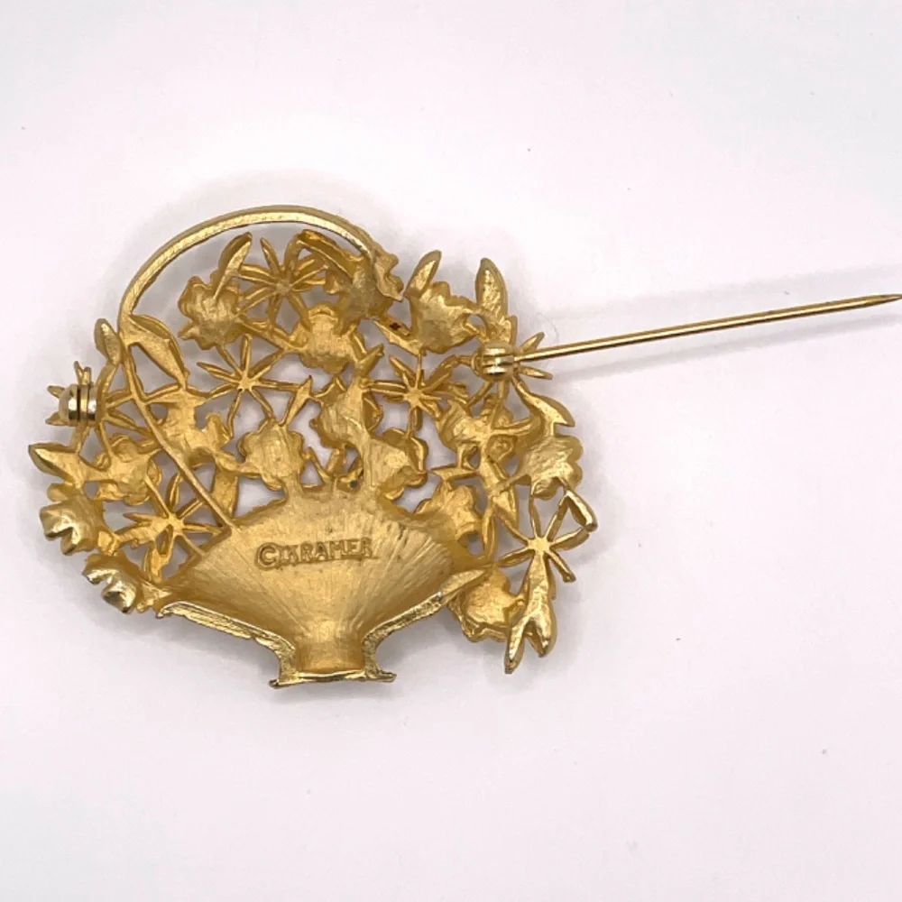 Kramer Signed Vintage Gold Tone Flower Basket Pin Brooch